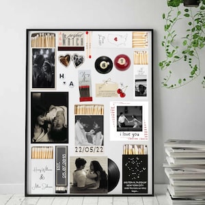 Peut inclure: Un collage imprimé présentant plusieurs photographies en noir et blanc de couples, des boîtes d'allumettes avec du texte personnalisé, un médaillon en forme de cœur, des boules de billard, des cerises et un disque vinyle. Texte incluant "the perfect MATCH", "i love you" et des dates.