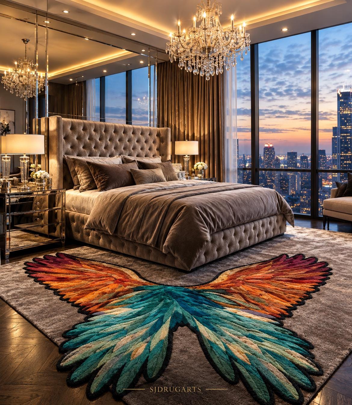 Hand-Tufted Angel Wings Rug, Colorful Feather Area Carpet, Boho Wall Hanging