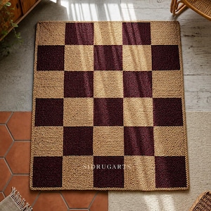 Burgundy Checkerboard Rug, Boho Jute Style Area Rug, Burgundy & Natural Geometric Carpet, Modern Farmhouse Bedroom Living Room Decor