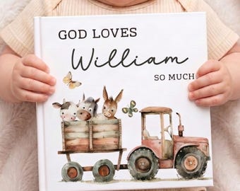 Personalized Baptism Book, Farm Baby Book Name for Girl Boy, God Loves You Book, Christening Godson Gift, Christian Bedtime Keepsake GY6UH