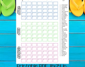 Printable Summer Calendar Poster, Kids Summer Activities Calendar, Summer Bucket List, Summer Checklist, Family Calendar, 12x18