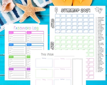 Printable Summer Calendar Poster Bundle, Kids Summer Activities Calendar, Summer Bucket List, Summer Checklist, Family Calendar, 18x24
