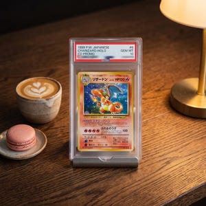 Puede incluir: Una carta coleccionable japonesa Charizard-Holo CD Promo de 1999, graduada y sellada en una funda de plástico transparente. La carta muestra al personaje Charizard con fuego, HP120 y texto en japonés. La etiqueta superior dice 1999 P.M. JAPANESE CHARIZARD-HOLO CD PROMO #6 GEM MT 10.
