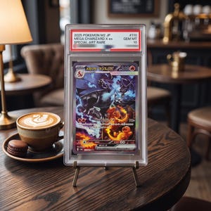 May include: A graded 2025 Pokemon M2 JP Mega Charizard X ex Special Art Rare trading card in a clear plastic protective case. The card features a dark dragon-like creature with blue flames and Japanese text, labeled as GEM MT 10 on the top insert.