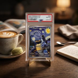 May include: A graded 2023 Pokemon SVP trading card featuring Blastoise in a Starry Night art style, encased in a clear plastic slab with a red label at the top. The label displays the text 2023 POKEMON SVP PIKACHU/WITH THE STARRY NIGHT #666 GEM MT 10.