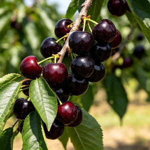 May include: A cluster of dark red, ripe cherries hanging from a tree branch. The cherries are round, glossy, and deep burgundy in color, attached to thin green stems. Several vibrant green, serrated leaves surround the fruit on the branch.