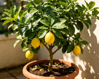 May include: A small lemon tree planted in a round terracotta pot. The tree features vibrant green leaves and several bright yellow lemons hanging from its branches. The soil is visible within the pot, and the plant is illuminated by sunlight.