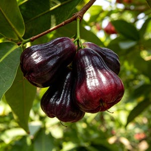 May include: A cluster of dark purple, bell-shaped wax apples hanging from a thin green stem. The fruit has a smooth, glossy, and reflective skin with a slightly lobed base. The cluster is surrounded by several large, smooth, green leaves.