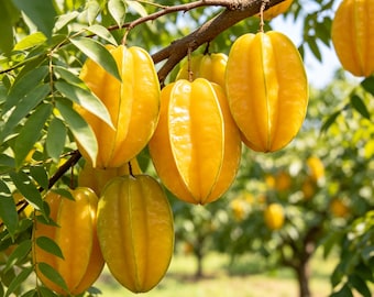 Puede incluir: Varias carambolas de color amarillo brillante cuelgan de una rama de árbol. Cada fruta presenta una forma de estrella de cinco puntas con una piel lisa y cerosa. Las carambolas están rodeadas de hojas verdes pinnadas bajo la luz natural.