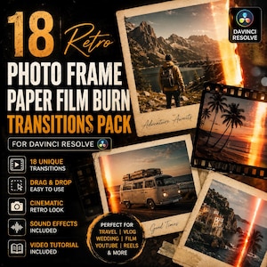 May include: A digital asset pack for DaVinci Resolve featuring 18 retro photo frame and paper film burn transitions. The graphic displays sample images of a hiker, a van, and coastal scenes with light leaks, text overlays, and icons for features.
