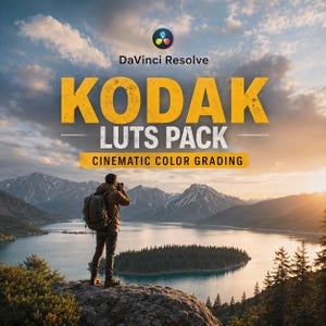 以下が含まれることがあります： DaVinci Resolve KODAK LUTS PACK CINEMATIC COLOR GRADINGというテキストが記載されたデジタルグラフィック。背景には、曇り空の下、山々に囲まれた湖を見下ろす、バックパックを背負った人物が岩の崖の上に立っている様子が描かれています。