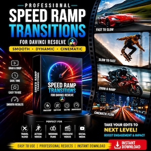May include: A digital product box for Professional Speed Ramp Transitions for DaVinci Resolve, featuring a speedometer graphic, text overlays, and four video preview panels showing a red car, a skateboarder, a motorcycle, and a city night scene.