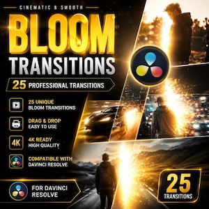 May include: A digital product advertisement for Bloom Transitions featuring the text Cinematic & Smooth Bloom Transitions, 25 Professional Transitions, 25 Unique Bloom Transitions, Drag & Drop Easy to Use, 4K Ready High Quality, and Compatible with DaVinci Resolve.