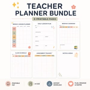 Peut inclure: Un ensemble de planificateur pour enseignant comprenant six pages imprimables avec un planificateur de cours hebdomadaire, un plan de cours quotidien, un aperçu mensuel, un emploi du temps, un suivi des devoirs et des notes.