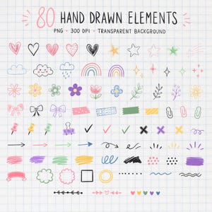 80 handritade dekorelement PNG | Planner Clipart | GoodNotes-klistermärken | Kommersiellt bruk