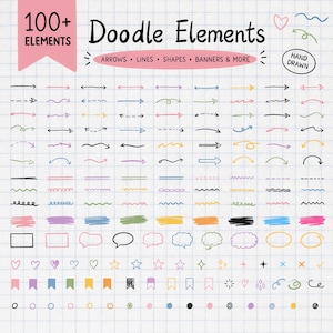 May include: A digital collection of over 100 hand-drawn doodle elements on a grid background, including arrows, lines, shapes, banners, hearts, stars, and speech bubbles in various colors, labeled with the text 100+ ELEMENTS Doodle Elements.