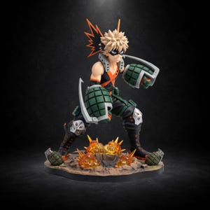 May include: A detailed anime-style action figure of a spiky-haired character wearing a black and orange sleeveless bodysuit, a dark eye mask, and large green grenade-shaped gauntlets, standing on a base with sculpted orange explosion effects.