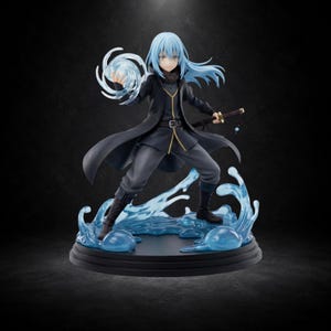 May include: A detailed anime-style figurine of a character with long light blue hair, wearing a dark coat with gold trim and dark trousers. The character holds a swirling blue energy orb in one hand and a sword in the other, standing on a blue water base.