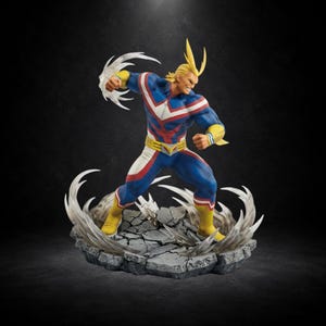 May include: A dynamic figurine of a muscular character with spiky blonde hair, wearing a blue, red, and white suit with yellow accents. The figure is in a punching pose, standing on a cracked grey stone base surrounded by translucent white wind effects.