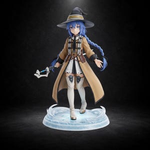 May include: A collectible anime-style figurine of a character with long blue braided hair wearing a tan coat, white thigh-high boots, and a dark pointed witch hat. The character holds a white staff and stands on a translucent blue ice base.