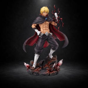 May include: A detailed anime-style figurine of a blonde character with a muscular torso, wearing a dark cape with a blue gem, black pants, and white gloves. The character stands on a rocky base with red crystals, holding a red lightning effect.