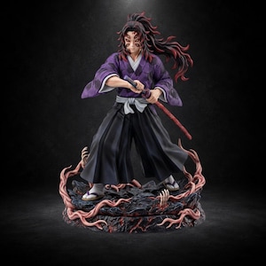 May include: A detailed figurine of a character with six eyes and long, flowing dark hair with red tips. The figure wears a purple patterned kimono, a white sash, and black hakama pants, holding a katana while standing on a rocky base.