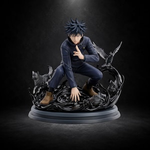 May include: A detailed anime-style figurine of a character with spiky dark hair, wearing a dark blue uniform and brown boots. The character is crouching over a swirling black liquid base, surrounded by sculpted figures of a wolf, a bird, and a frog.