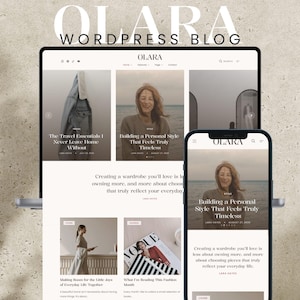 May include: A laptop and a smartphone displaying the Olara WordPress blog website. The screen shows a clean layout with blog post thumbnails, titles like The Travel Essentials I Never Leave Home Without, and text about building a personal style.