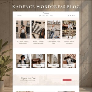 May include: A website template titled Kadence WordPress Blog Parisienne featuring a navigation menu, search icon, and social media links. The layout displays eight image blocks with text overlays, categories like Fashion, Beauty, Home, and Travel, and a newsletter signup section.