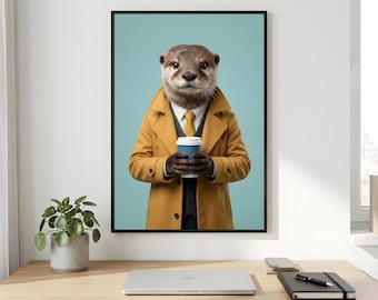 Otter Coffee Wall Art, Tan Trench Coat Printable Digital Download