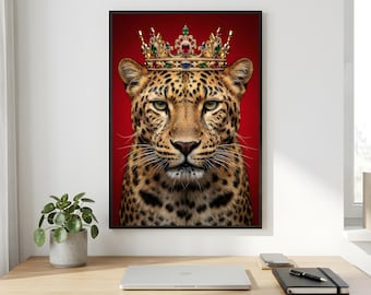 Leopard Wall Art, Jewelled Crown Big Cat Portrait, Red Royal Printable Digital Download