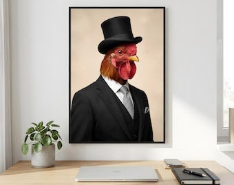 Rooster Top Hat Wall Art, Black Suit Gentleman Printable Digital Download