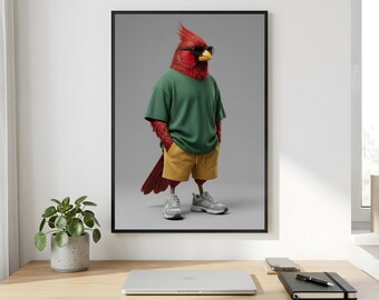 Cardinal Bird Wall Art, Streetwear Animal Portrait, Green Tee Printable Digital Download