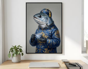 Fish Chinese Robe Wall Art, Blue Dragon Tea Printable Digital Download
