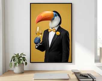 Toucan Tuxedo Wall Art, Yellow Bow Tie Wine Printable Digital Download