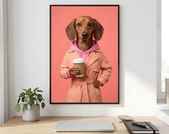 Dachshund Coffee Wall Art, Pink Trench Coat Printable Digital Download