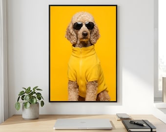 Poodle Wall Art, Yellow Hoodie Dog Portrait, Aviator Sunglasses Printable Digital Download