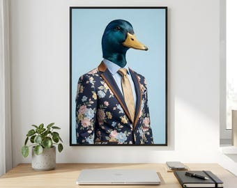 Duck Floral Suit Wall Art, Dapper Mallard Printable Digital Download