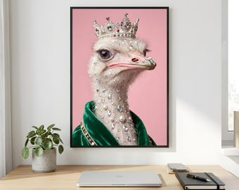 Ostrich Crown Wall Art, Emerald Royal Bird Printable Digital Download
