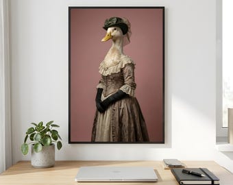 Duck Victorian Dress Wall Art, Vintage Lady Portrait Printable Digital Download