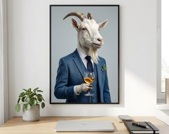 Goat Whiskey Wall Art, Blue Suit Gentleman Printable Digital Download