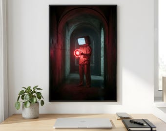 May include: A framed wall art print depicting a figure wearing a television set as a head, dressed in red clothing, standing in a dark arched stone corridor. The figure holds a glowing red orb in their hands, casting light on the surroundings.