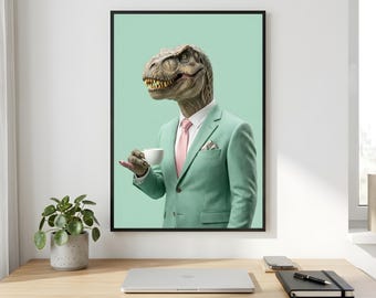 T Rex Tea Wall Art, Mint Suit Dinosaur Printable Digital Download
