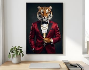 Tiger Wall Art, Red Tuxedo Animal Portrait, Champagne Gentleman Printable Digital Download