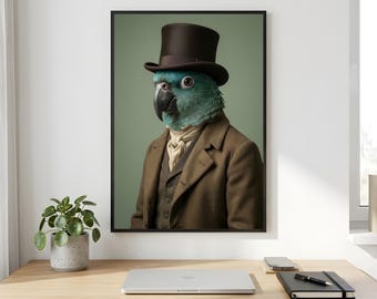 Parrot Top Hat Wall Art, Victorian Bird Gentleman Printable Digital Download