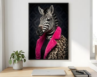Zebra Wall Art, Leopard Coat Fashion Portrait, Hot Pink Printable Digital Download