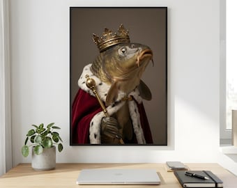 Royal Carp Wall Art, Crowned Fish Portrait, Red Velvet King Printable Digital Download