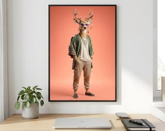 Stag Wall Art, Boho Deer Fashion Portrait, Sunglasses Printable Digital Download