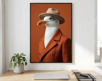 Seagull Wall Art, Orange Coat Bird Portrait, Fedora Coastal Printable Digital Download