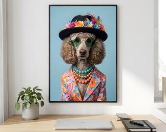 Poodle Wall Art, Flower Hat Dog Portrait, Colourful Fashion Printable Digital Download